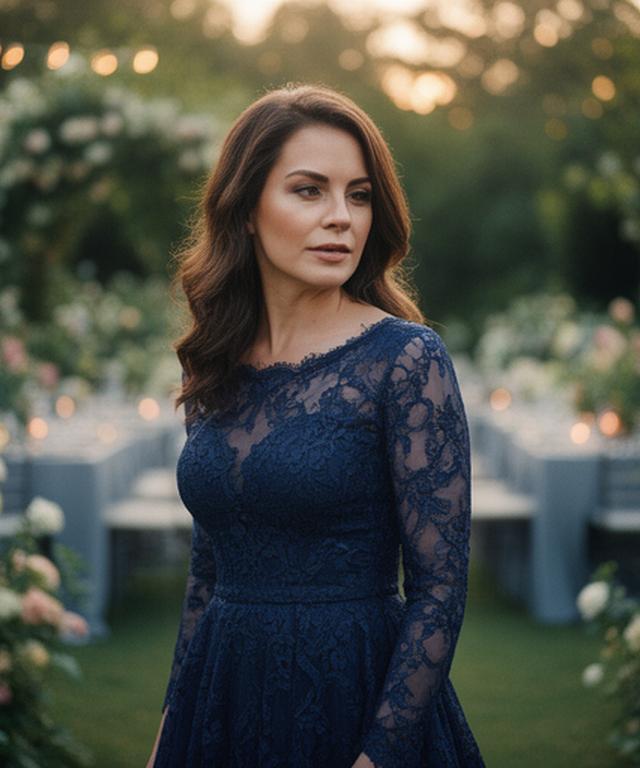 Mother of the bride in a navy lace gown at a garden reception