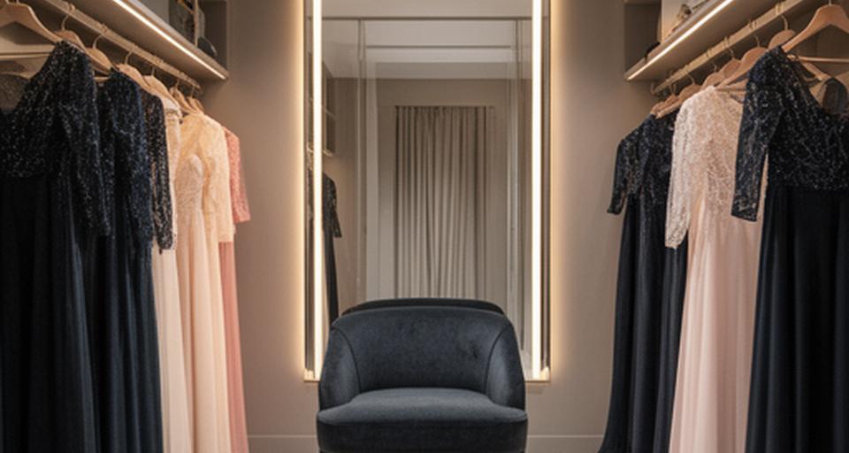 A calm fitting room with a velvet chair, mirror lights, and neatly arranged gowns for evening wear appointments