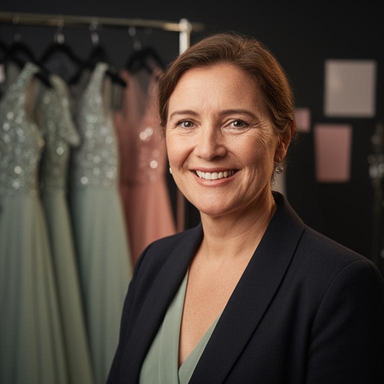 The founder in a Maidstone studio beside a rail of evening gowns