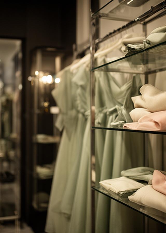 Elegant evening dress rails in a softly lit boutique interior with folded fabric and glass shelving